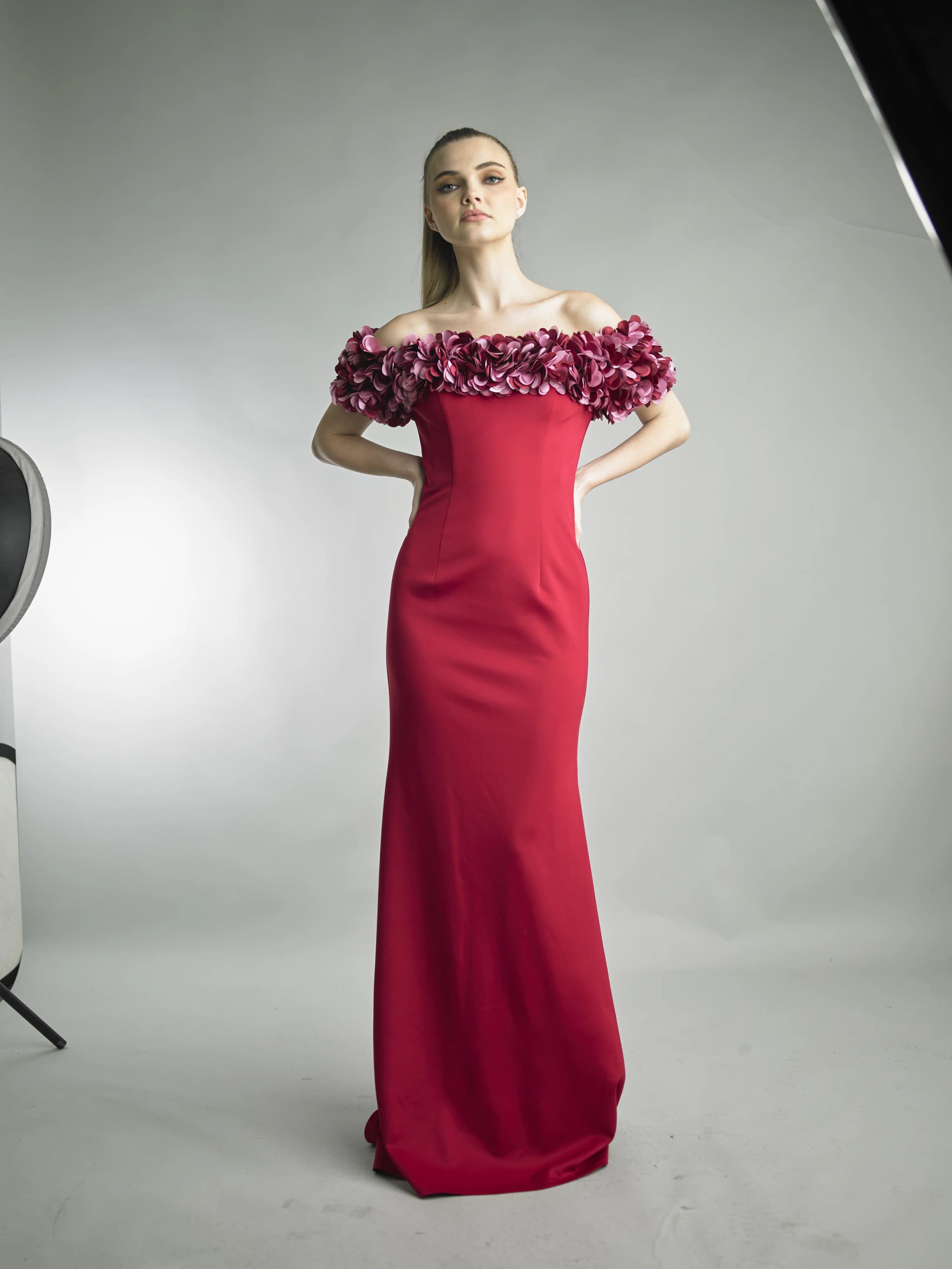 Laser-Cut Petal Off-Shoulder Mermaid Gown view 1