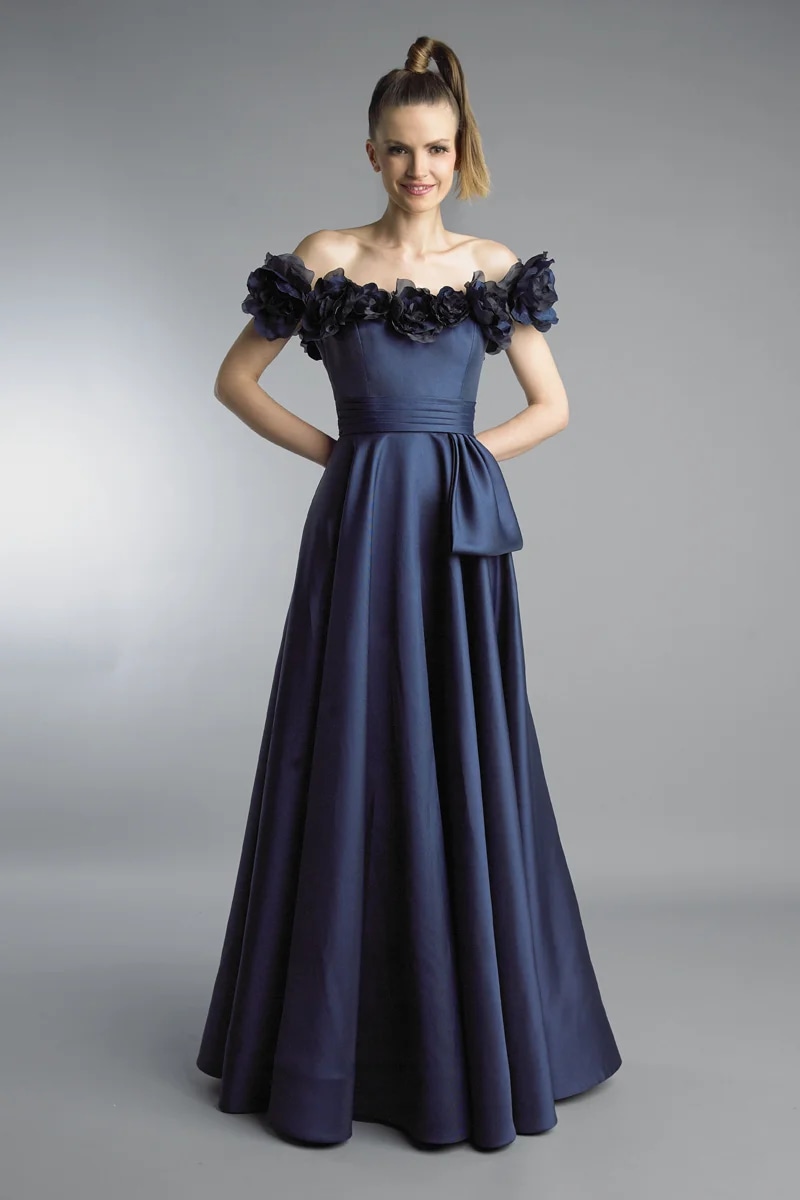 Off shoulder floral rimmed evening dress